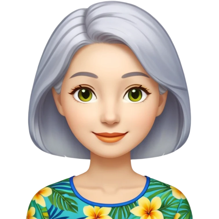 A woman with light complexion, an oval face with soft rounded features, full cheeks, gentle almond-shaped eyes with subtle smile lines, silver-gray hair parted to the side and styled loosely, wearing a vibrant tropical print blouse in blue, green, and yellow, exuding warmth and joy. emoji