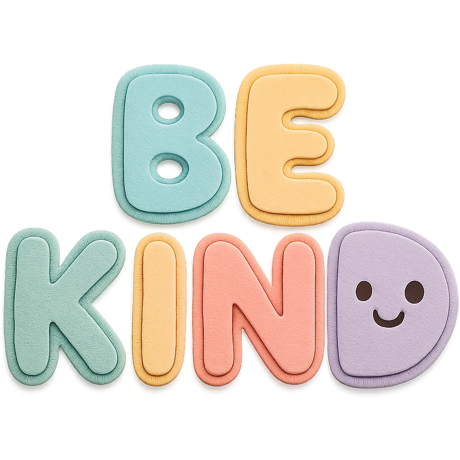 "Be Kind" soft pastel rainbow puffy bubble letters, kawaii cute, transparent background, no frame emoji