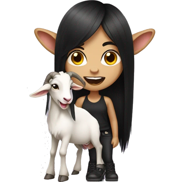 A girl with dark long hair shows her tongue and shows a rocker goat emoji