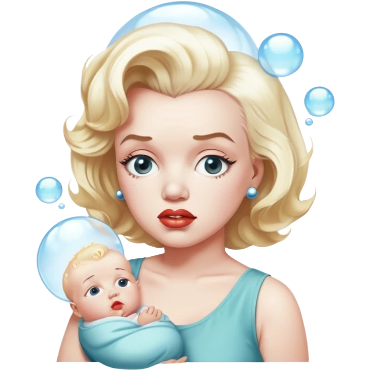 Marilyn Monroe shown from the waist up looking sad with a bubble above her head showing a baby emoji