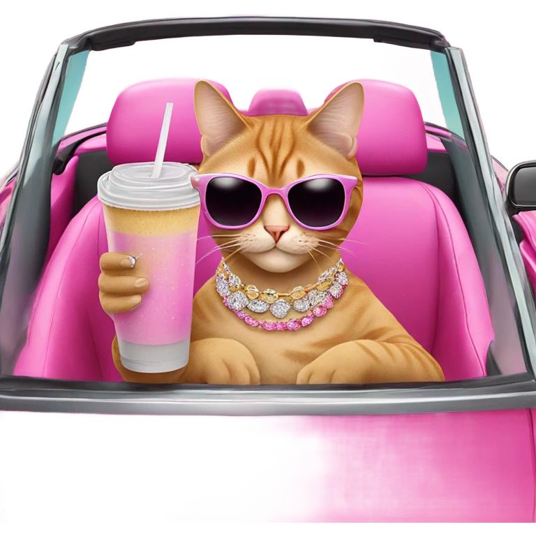 Cat with iced out jewelry and glittery sunglasses sipping on an iced coffee in a pink convertible emoji