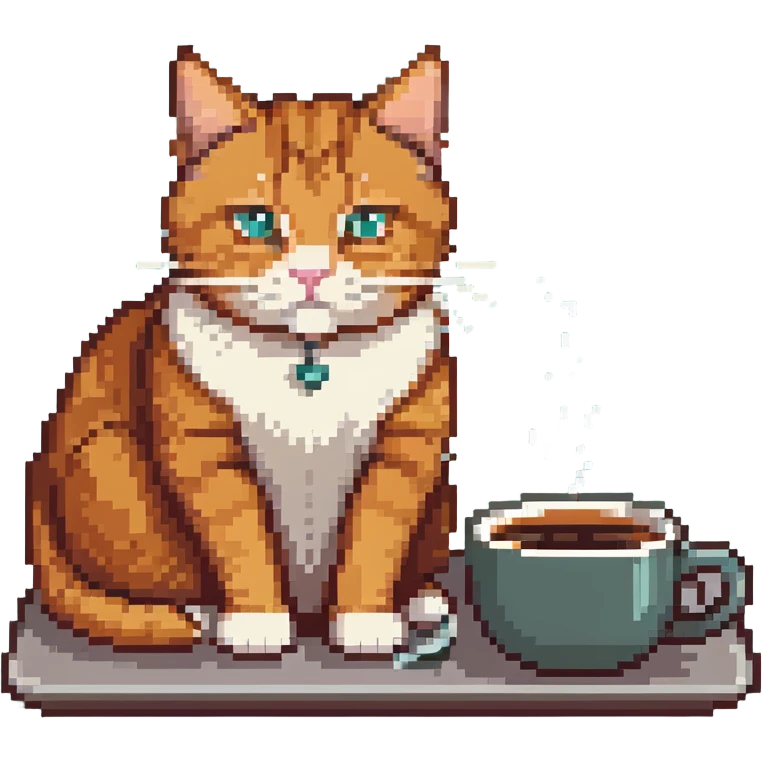 ginger cat drinking coffee, cozy atmosphere emoji