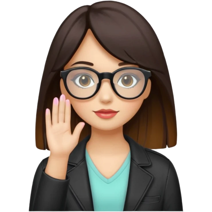 Crea una chica de colar blanca con gafas negras de cabello súper largo y flequillo de color marrón, con una cámara en sus manos y un estilo de ropa moderna de colores pasteles emoji