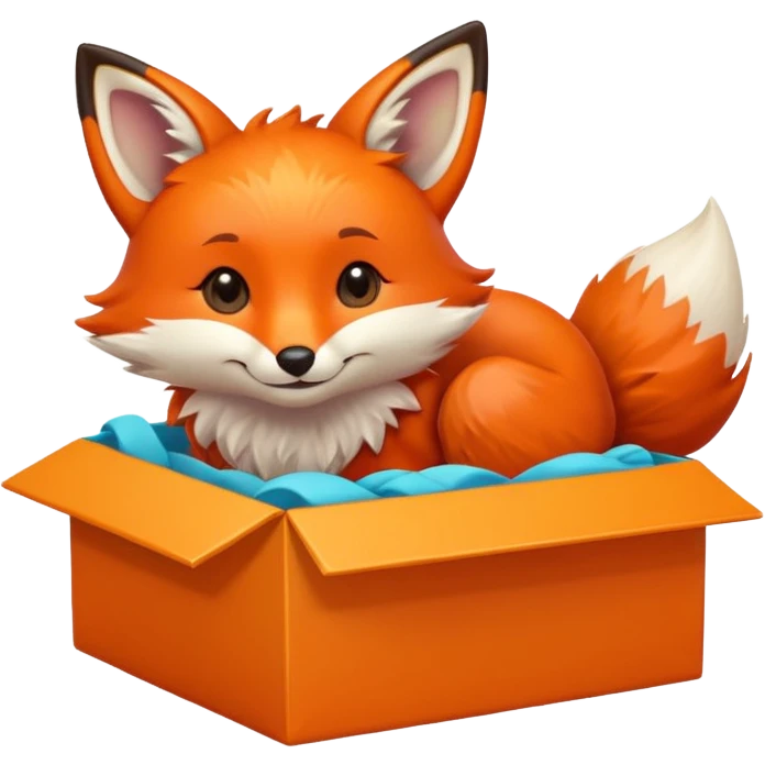 happy fox curled up in a colorful box, glancing upward, emoji style emoji