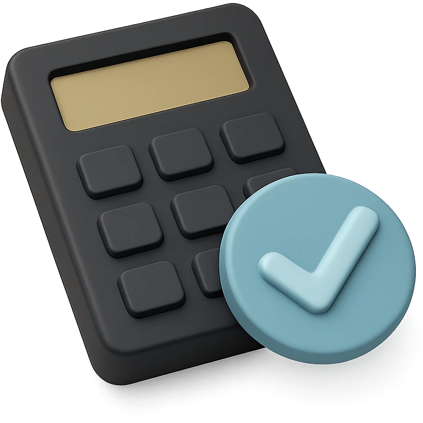 a calculator with a check mark in 3D black style with a light blue check mark emoji