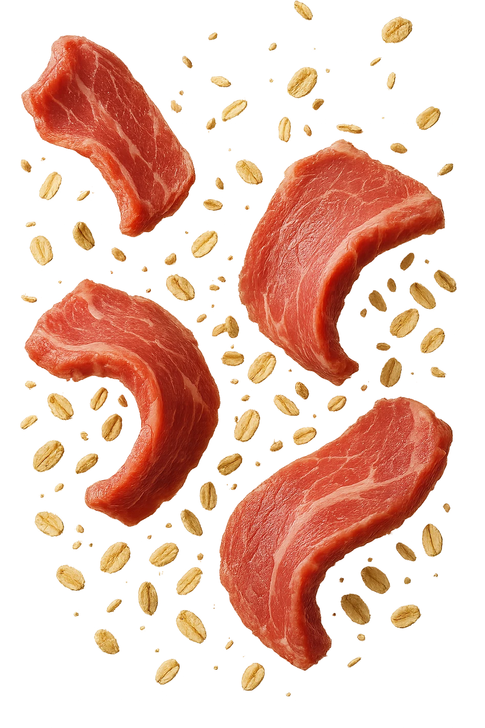 FETTINE DI CARNE FLUTTUANO IN ARIA INSIEME A FIOCCHI DI AVENA, IPERREALISTICO 4K emoji