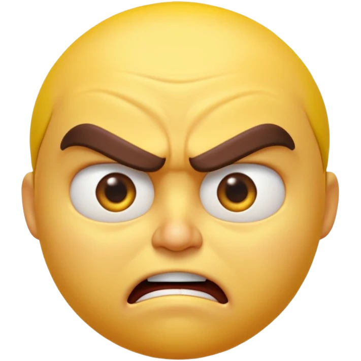 “A high-quality 3D angry emoji, intense facial expression, furrowed eyebrows, narrowed eyes, clenched mouth, vibrant yellow glossy texture, dramatic studio lighting, realistic reflections, smooth rounded shape, ultra-detailed Pixar-style 3D render, isolated on white background, 4K resolution” emoji