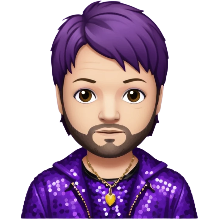 Bam Margera from Jackass with dark brown hair, dark purple sequin outfit emoji