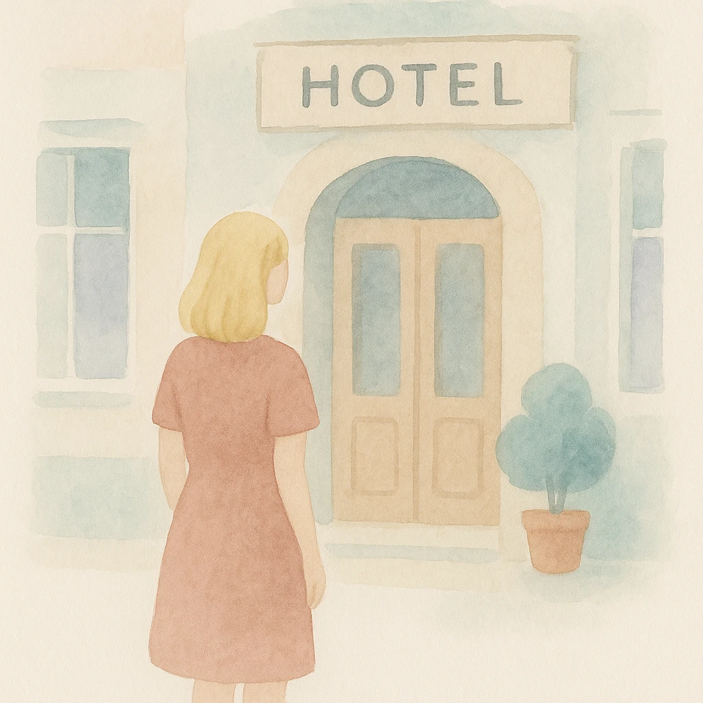 soft watercolor illustration in a minimalist, modern style, blonde woman standing in front of a hotel entrance with clear architectural details showing spatial relationship, pastel colors, delicate linework, gentle whimsical mood, minimal soft shading emoji