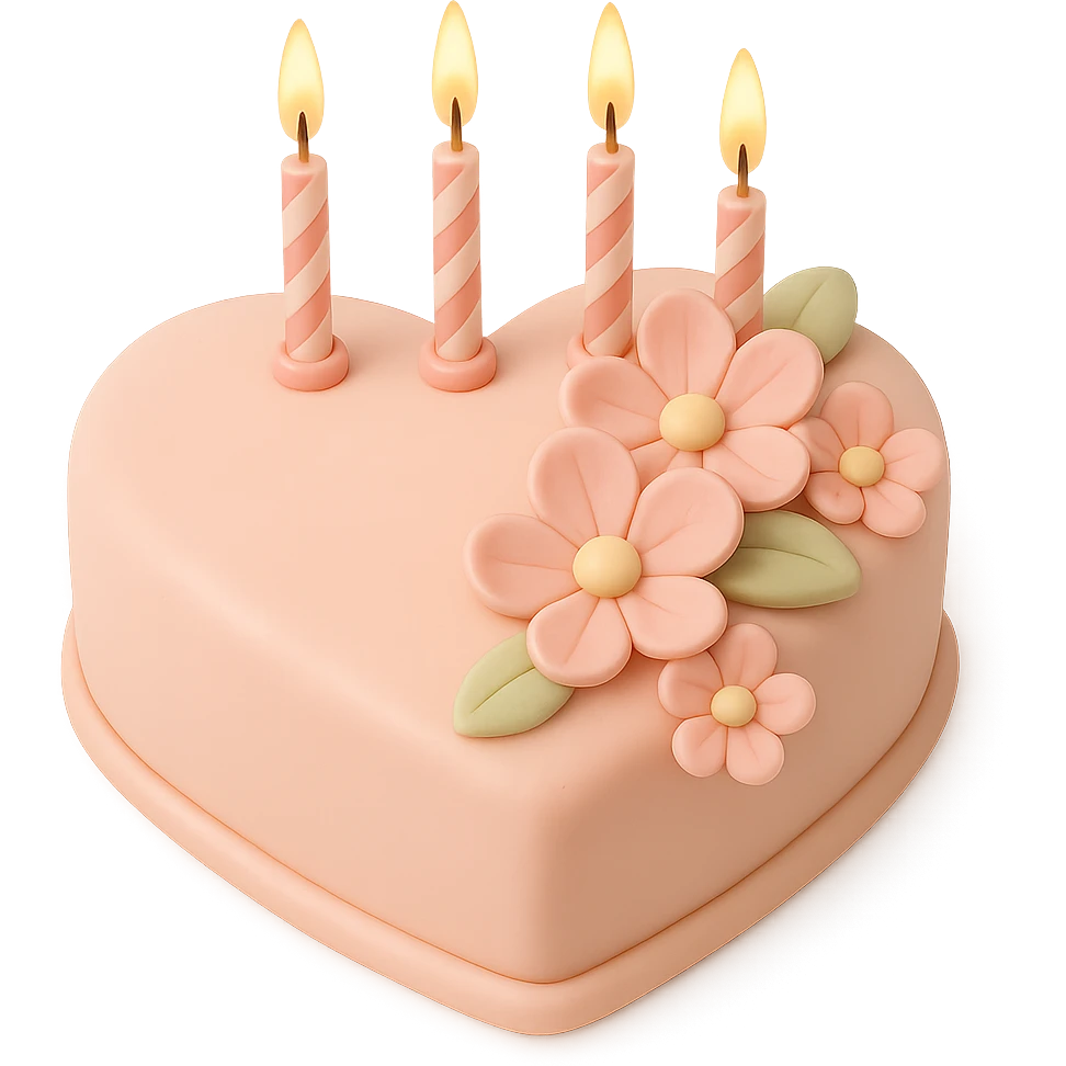 Add birthday candles to the heart-shaped fondant cake with pink flowers, fondant cake art style, keep transparent background. emoji