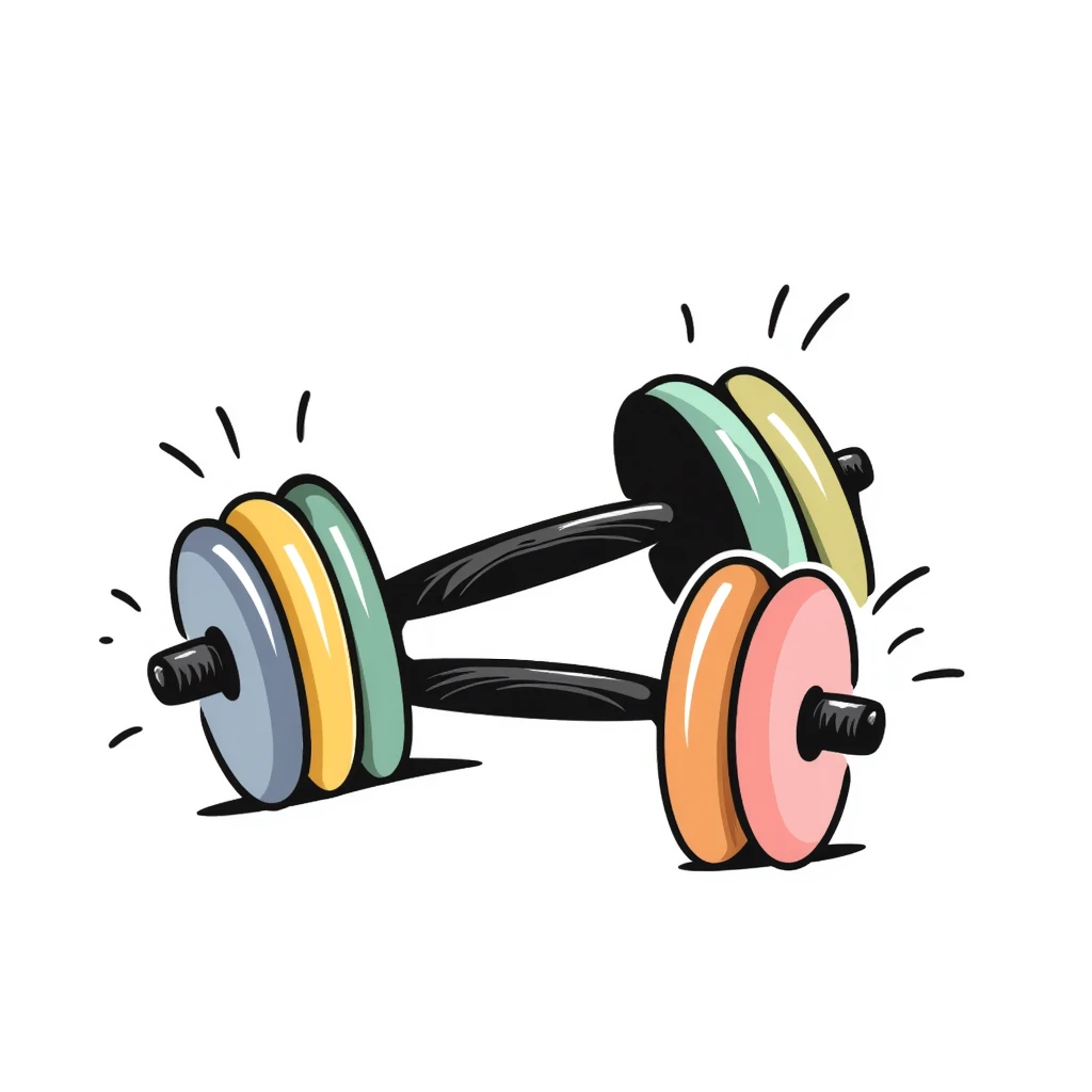 Adjustable dumbbells with weight plates in pastel colors (dd9fb0, ffc6d3, a3bfc9, c4bee2, f1b091), hand-drawn doodle style emoji