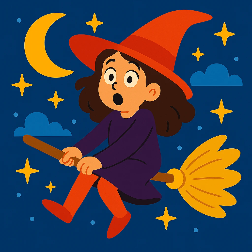 Make the brunette girl witch flying on a broomstick look surprised, keep her whimsical and magical, vibrant toon style. emoji