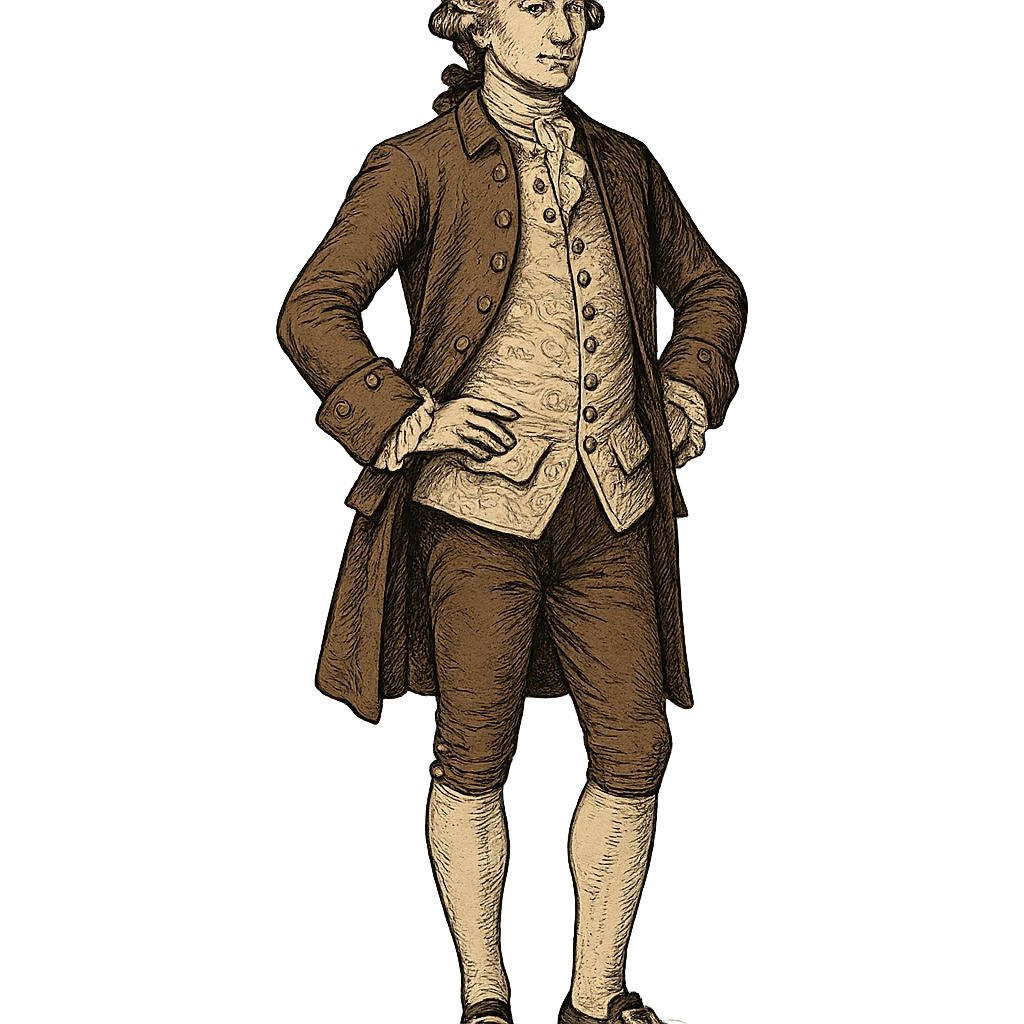 18th century gentleman standing, aristocratic fashion, waistcoat, breeches, buckled shoes, full body, no background, stylized illustration emoji