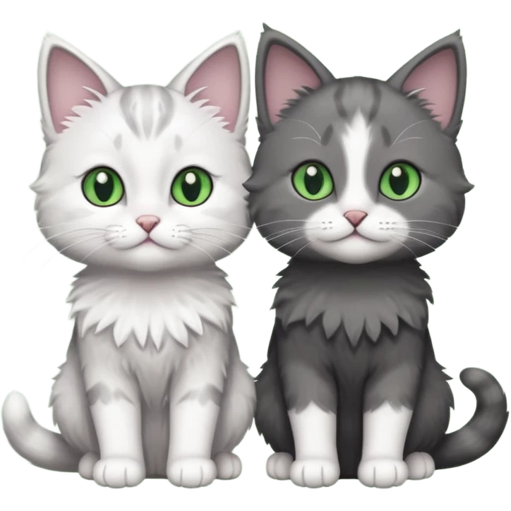 2 different coloured small cats including a dark grey and white and a completely solid dark grey with green eyes and only white paws emoji