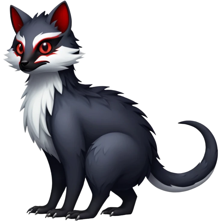 a white exotic edgy vernid-fionbr-Fakémon-creature, with black belly and red eyes, full body emoji