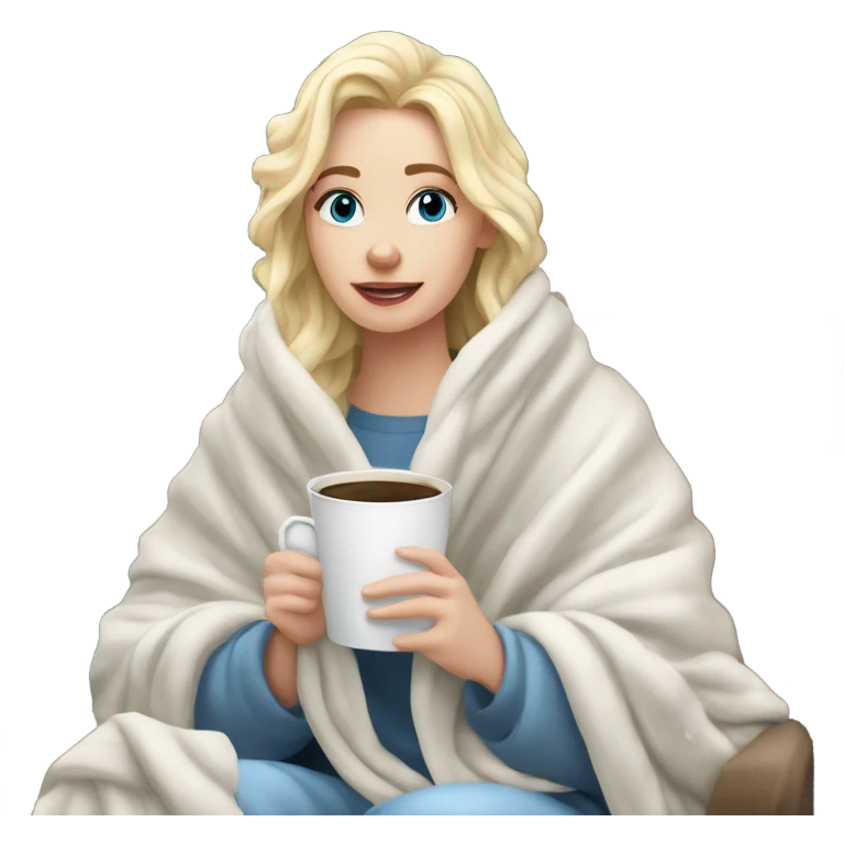 Blonde hair blue eyed white girl covered in blanket winter vibe sitting on a cozy chair holding coffee looking out a snowy window emoji