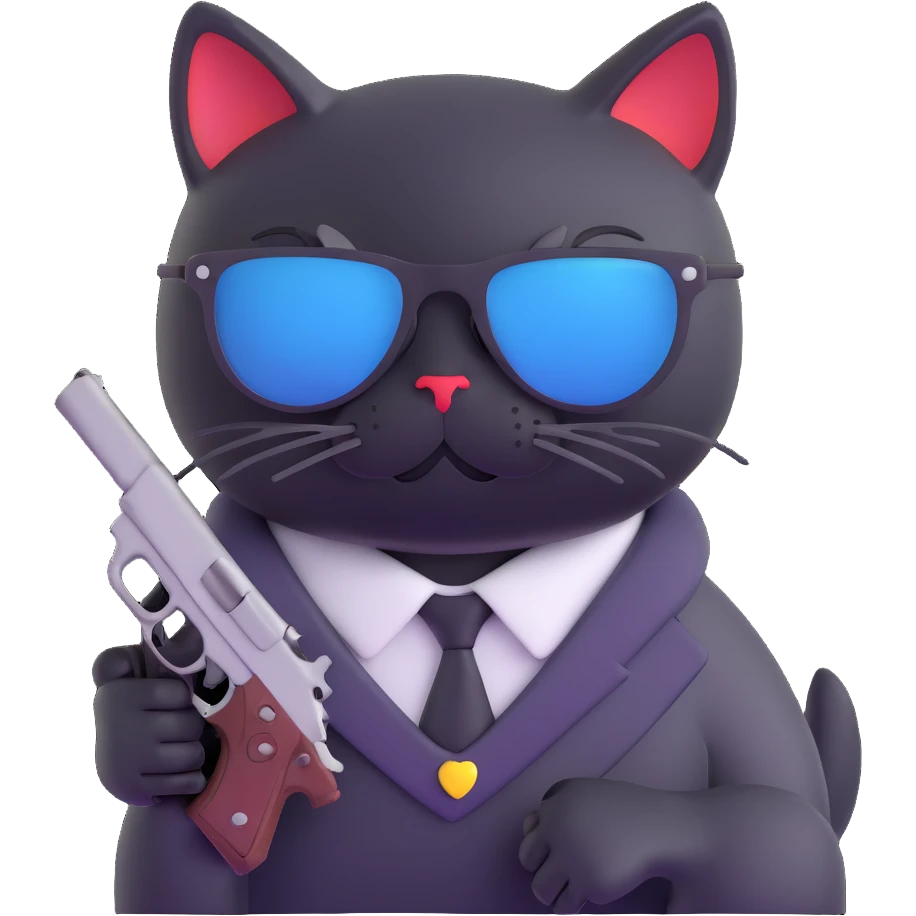 black cat with sunglasses and a gun emoji