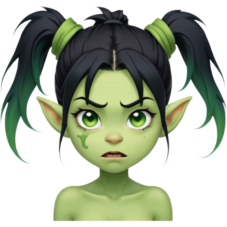 a cute green skinned goblin girl with black hair in a messy high ponytail making a lewd expression emoji