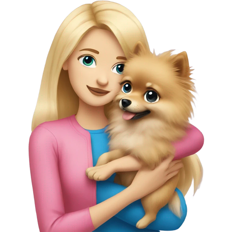 Blonde girl wearing pink with blue eyes hugging Pomeranian  emoji
