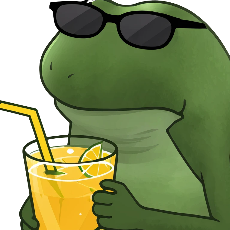 bufo frog with sunglasses, holding a tropical drink at the beach emoji