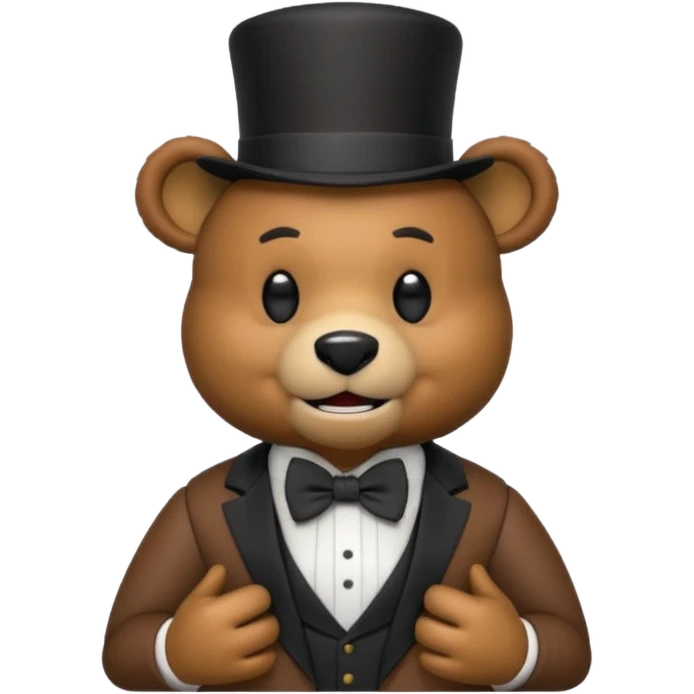 Freddy Fazbear as an emoji, standing, brown bear animatronic, black top hat, bow tie, minimal background, friendly expression emoji