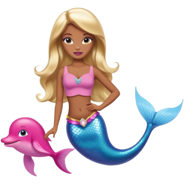 Brown skin blonde hair barbie mermaid with pink dolphin  emoji