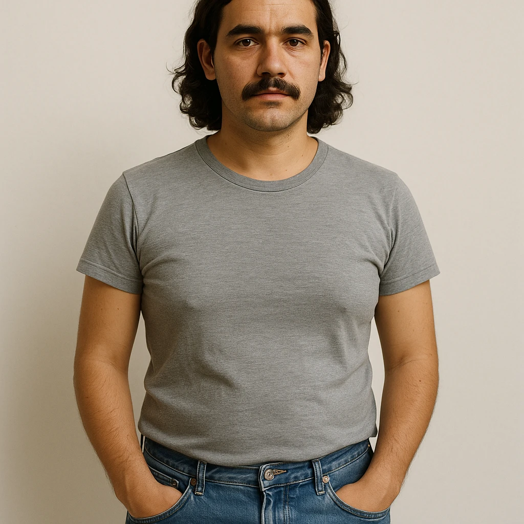 a man with feminine chest features, standing, casual clothing, minimal background emoji