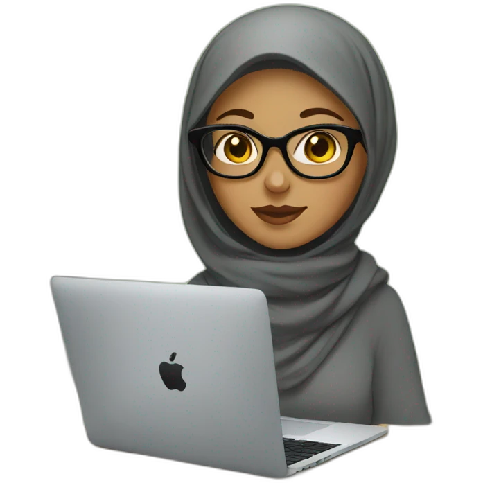 Girl with hijab and glasses using macbook emoji