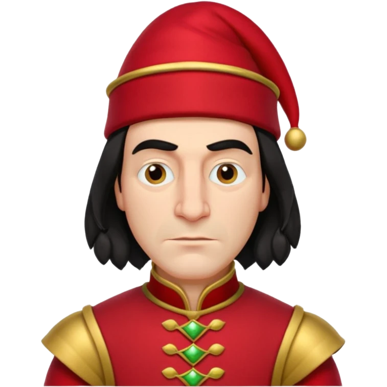 lord farquad avec un chapeau rouge plat sur le dessus, il a un vêtement rouge avec des manches bouffantes rouge et dorée emoji