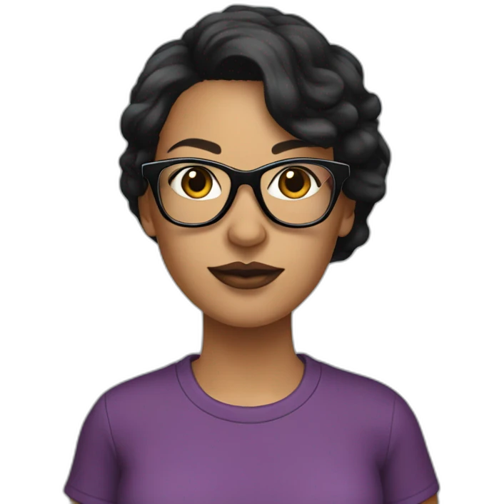 Dark haired woman with black glasses wearing a t-shirt that says swagger on it emoji