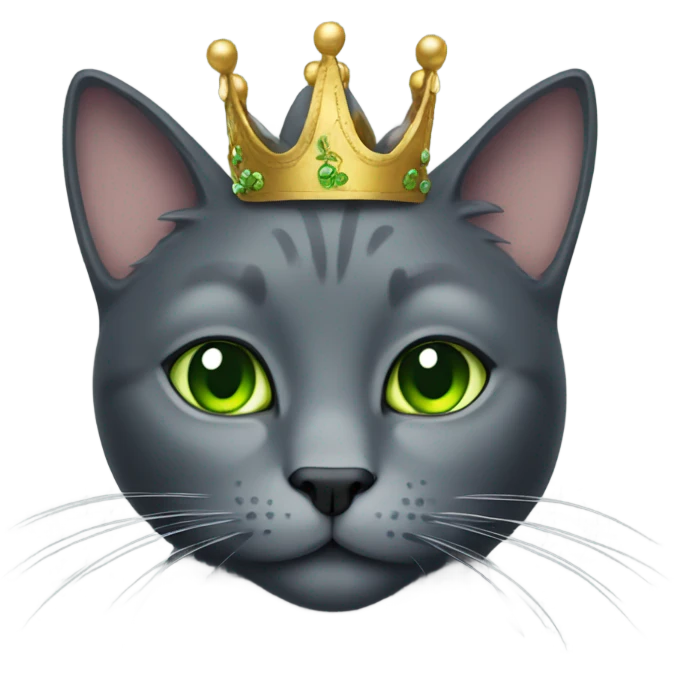 "darkgray cat with eye green with a crown emoji