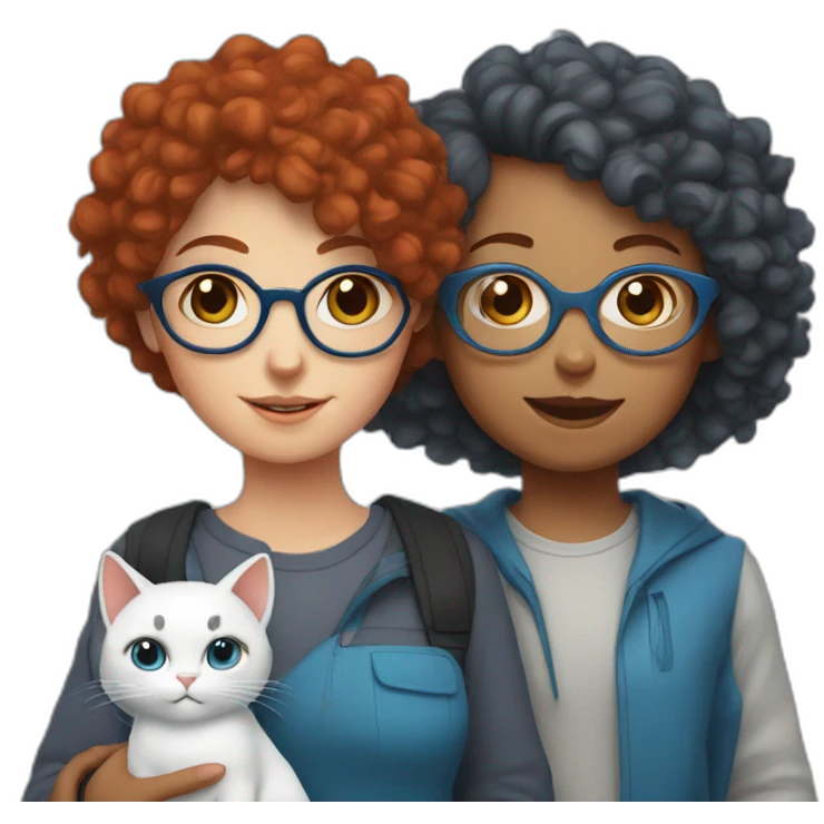 a girl with red curly hair and blue glasses with a white and gray cat in her arms emoji