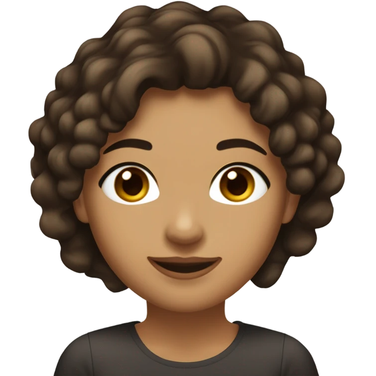 Fille de 23 ans brune de peau et des cheveux marrons chocolat les yeux aussi marron foncé qui sourit avec cheveux longs visage pas tres rond, yeux amandes et porte un truc noir couvert comme un col roulé  emoji