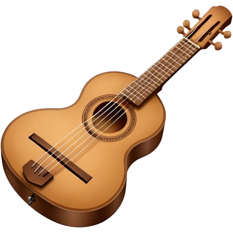 Create an elegant and traditional emoji representing a domra. The design should feature the round, wooden body of the domra with its distinct three or four strings. Include delicate details like the tuning pegs, the fingerboard, and the bridge. The wood of the domra should have a rich, warm tone, and the strings should be subtly highlighted to show their importance. Add a small musical note or two floating around to evoke the folk music it is used for. Use earthy tones like brown and gold to emphasize its classic, rustic feel. The background should be transparent. emoji