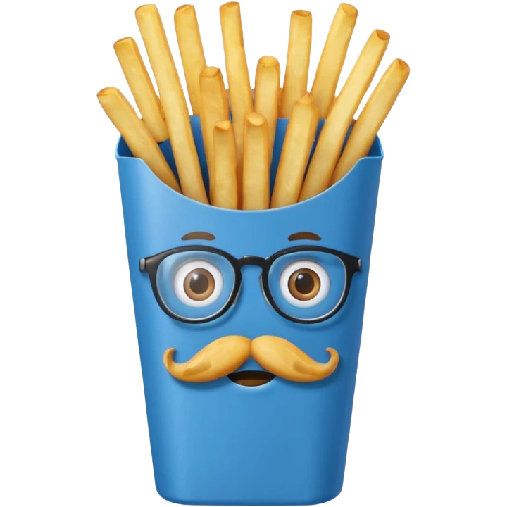 long slim crispy fries in a blue carton, carton has eyes and mustache and glassess emoji