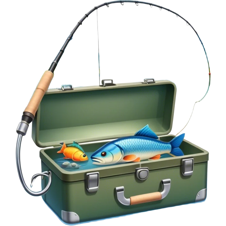 Icon for Fishing: a fishing rod with a line in the water, a tackle box, a fish on the hook, and a peaceful lake or river background. The icon should capture the calm and skill of fishing. Transparent background. emoji