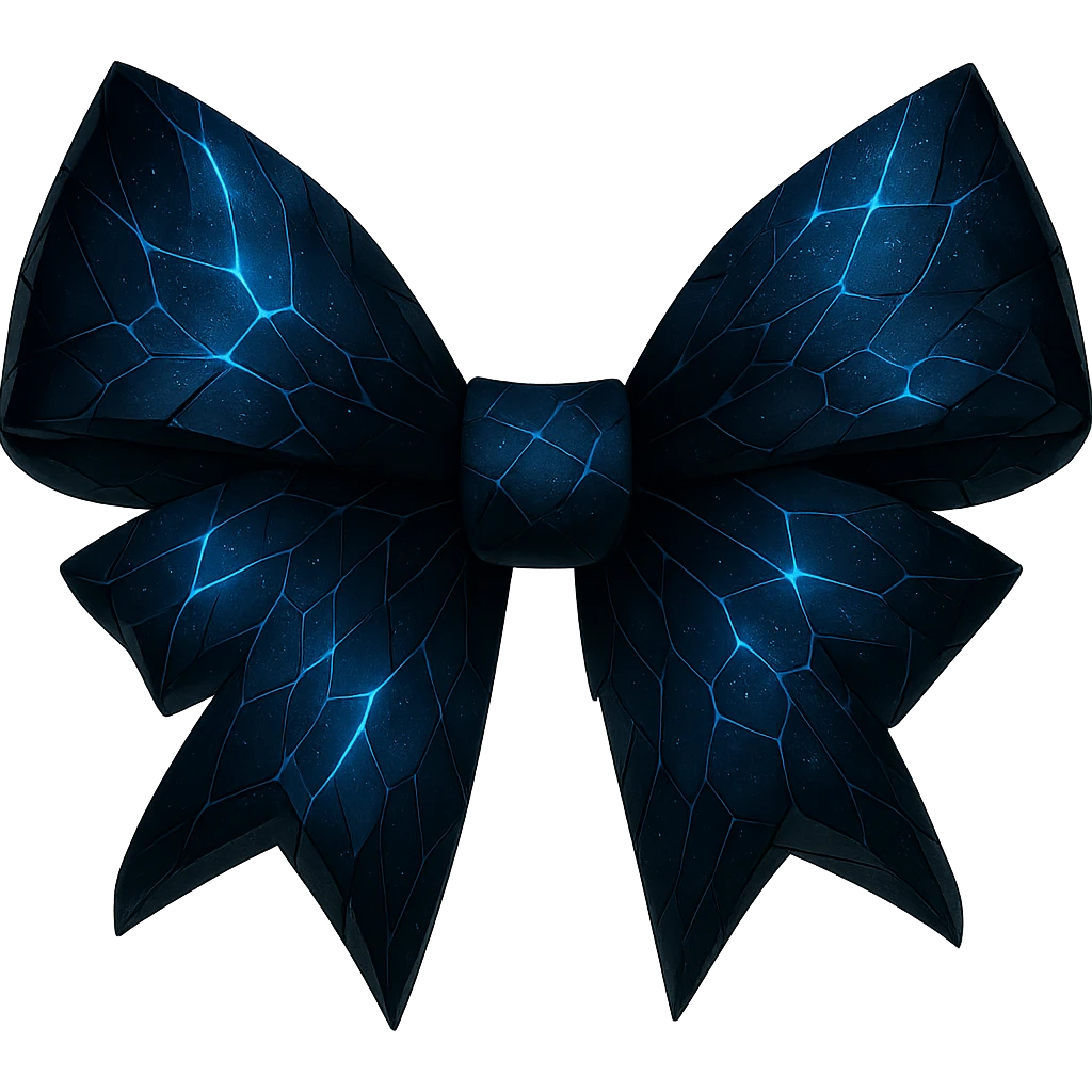 Remove the midnight blue roses from the gothic bow with splintered deep blue glass, holographic stardust, neon lightning, and a wet look. Keep the background transparent. emoji