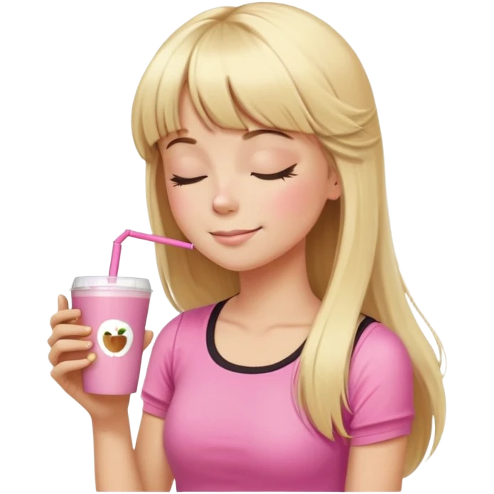 chica con un top rosa de gimnasio y pelo rubio largo con flequillo. el emoji está dibujado como los emojis de apple. la chica está absorbiendo un café con leche a través de una pajita. tiene cara de que el café está rico. tiene los ojos cerrados y se la ve de perfil  emoji