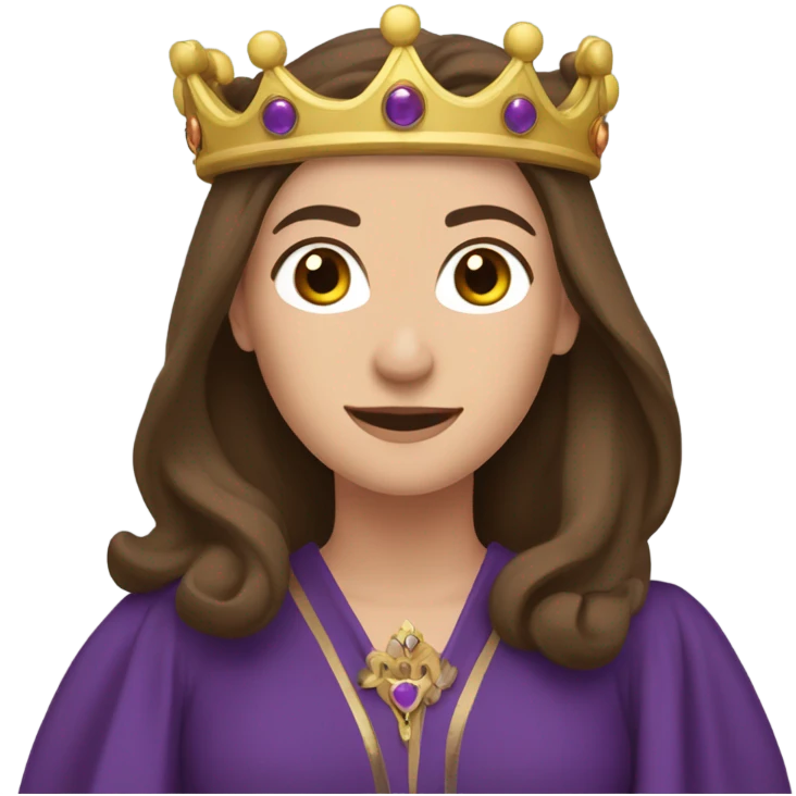 Caucasian long  brunette woman wearing formal royal purple robes and a crown who is falling in love. emoji