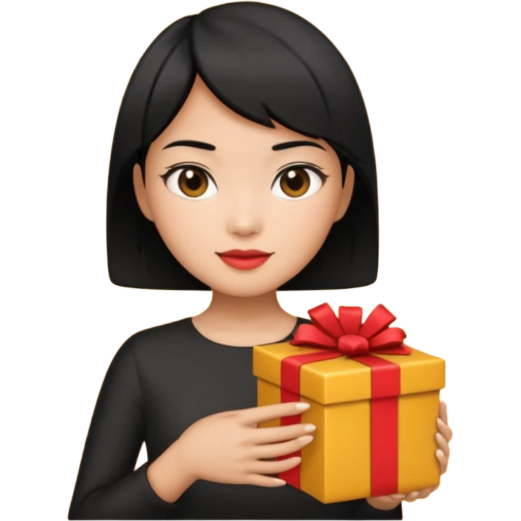 asian woman short hair tanned, holding with black present - emoji style emoji