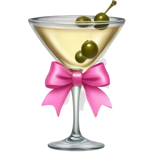 Martini glass with champagne colored liquid and and olive inside it with a pink bow on the rim emoji