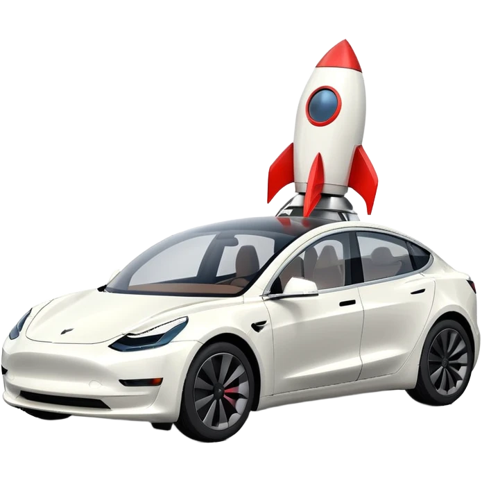 Tesla model 3 white with small rocket mounted flat on roof for extra propulsion emoji