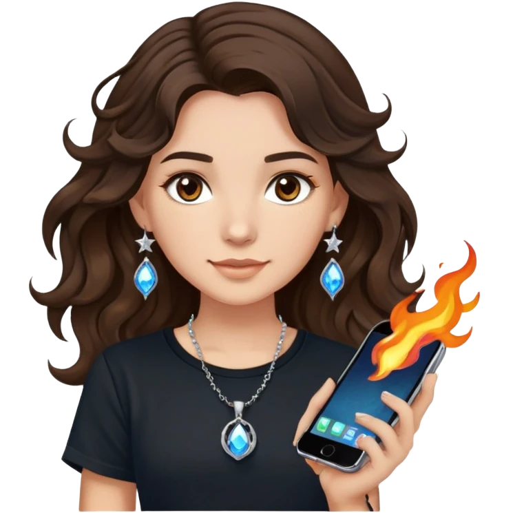 brunette girl with wavy medium length hair, brown eyes, light/medium skin tone, holding iPhone and light phone, wearing black tee shirt with flame pattern on it, small silver hoop earrings with blue gem stars, and colorful beaded charm necklace emoji