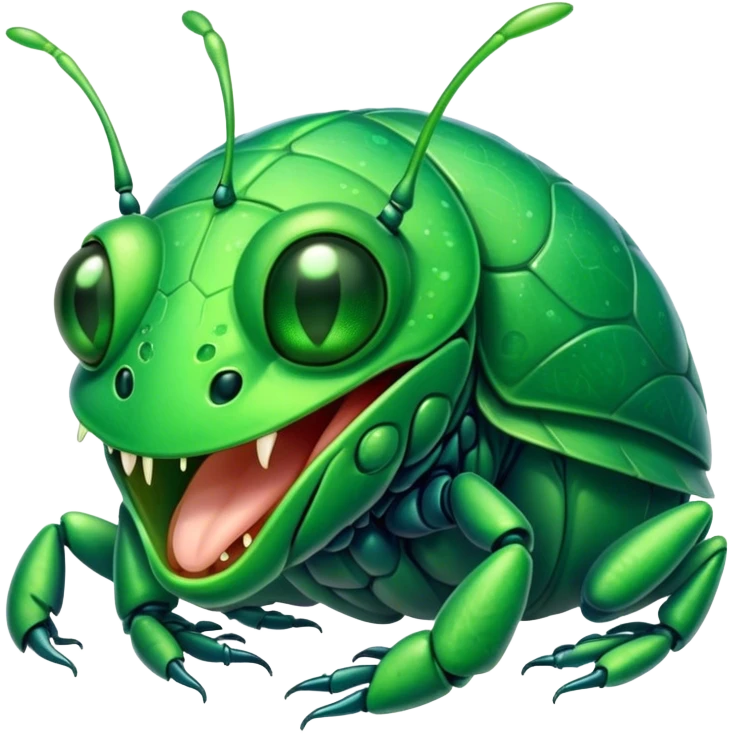 Cinematic Cute Yawning Green Bugdie Portrait Emoji, Head tilted slightly with a dramatic, wide-open yawn, showcasing a smooth, vibrant emerald exoskeleton with delicate patterns and tiny drooping antennae, round multifaceted eyes barely open in drowsy contentment, Simplified yet irresistibly adorable features, highly detailed, glowing with a soft, cozy glow, high shine, relaxed yet expressive, stylized with a touch of whimsy, bright and endearing, soft glowing outline, capturing the essence of a sleepy yet endearing insect, so drowsy it feels like it could stretch out of the screen and curl up for a nap! emoji