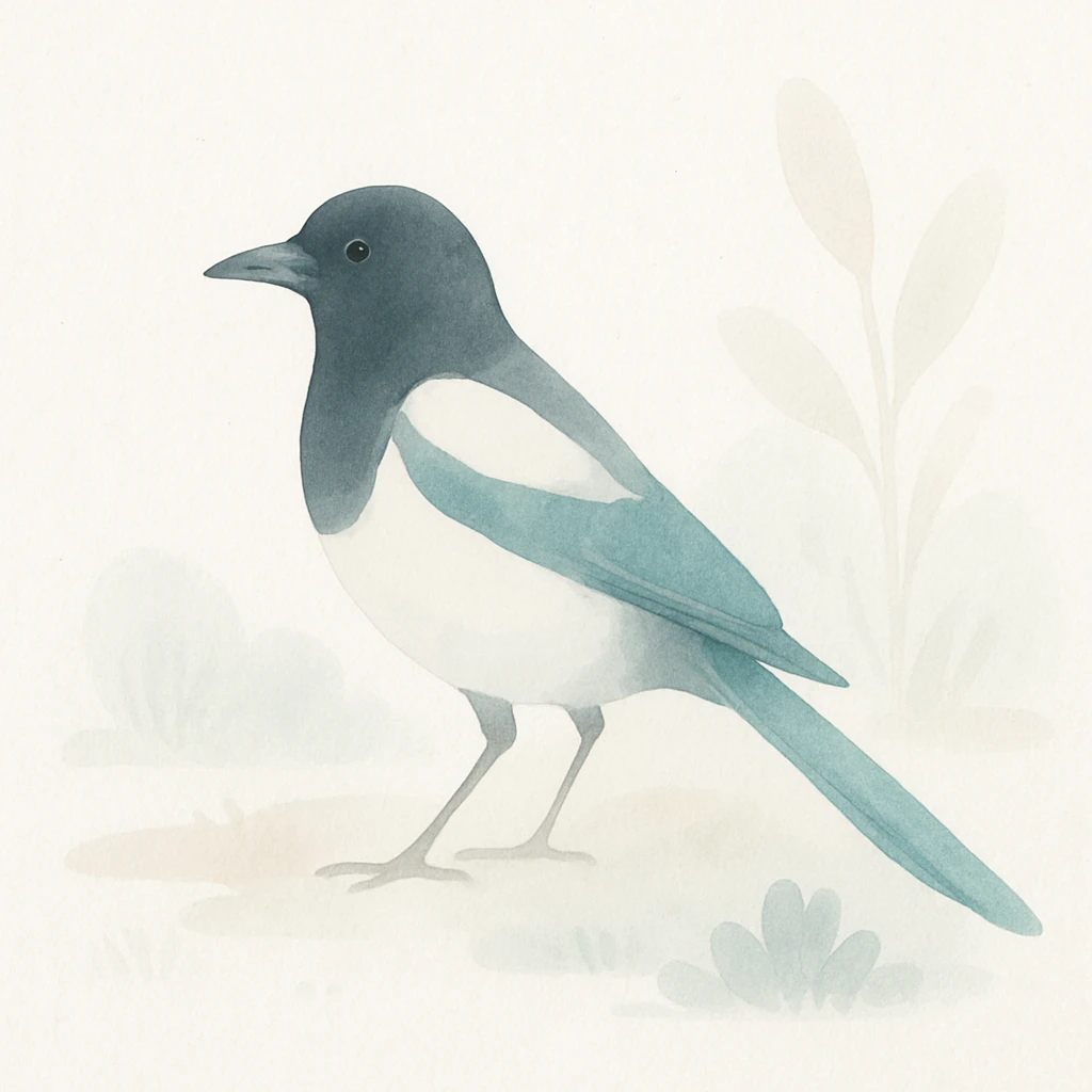 Eurasian magpie, watercolor style, soft brush strokes, natural setting emoji