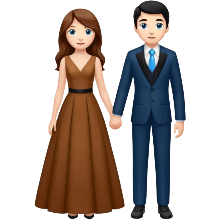 full-length happy couple, girl with long chestnut hair and blue eyes in formal gown, boy with black hair in suit emoji