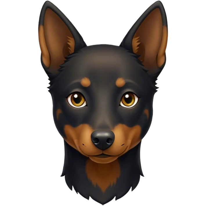 Cinematic Noble Black and Tan Kelpie Portrait Emoji, Poised and regal, with a strong, agile build and a glossy, well-groomed Fur of deep black and tan accents, piercing dark eyes, Simplified yet sharp and sophisticated features, highly detailed, glowing with a soft, dignified glow, high shine, intelligent and energetic, stylized with an air of determination, focused and attentive, soft glowing outline, capturing the essence of a watchful and confident herder, so majestic it feels as though it could bound out of the screen with effortless authority! emoji