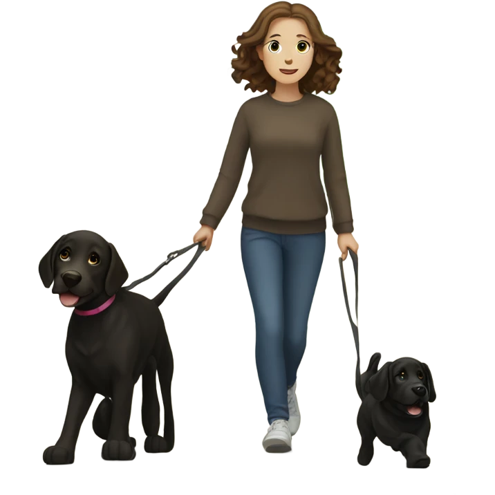 White girl with wavy brown hair walking a black Labrador emoji