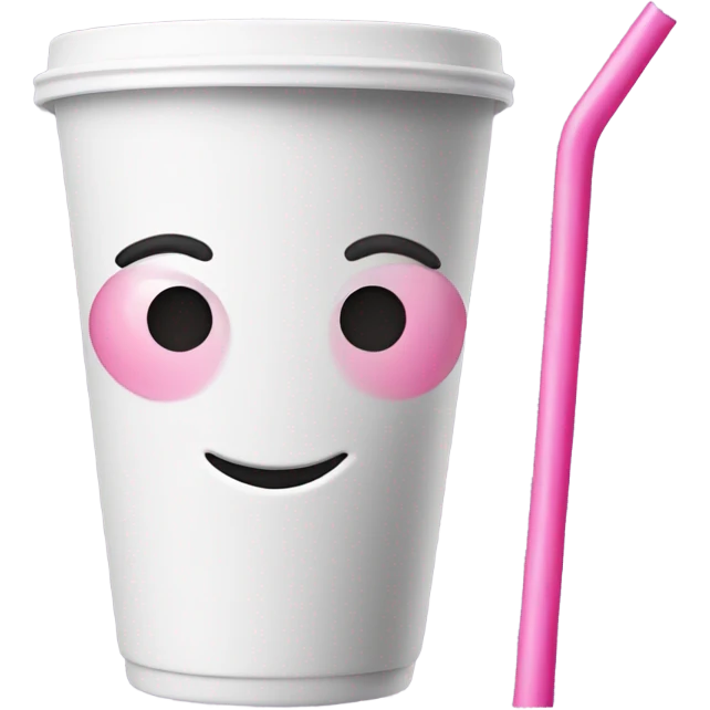 White drink cup with pink straw and face emoji