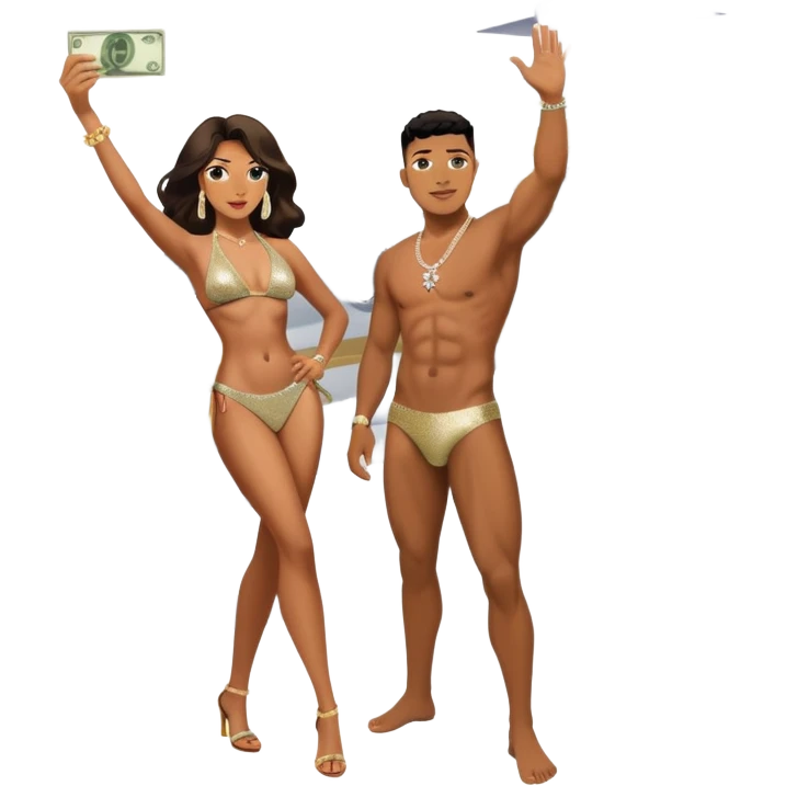 tefi valenzuela wearing diamond sparkle bikini and josh king madrid standing on private plane throwing money at her emoji